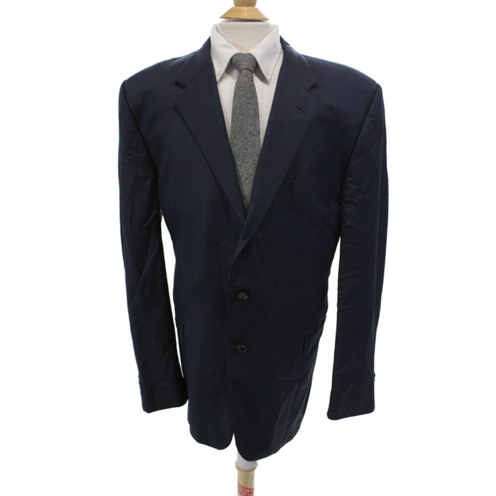 Hickey Freeman Mens Textured Lined Pleated Button Stripe Blazer Navy Blue Size E
